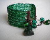 Emerald bracelet, forest green bracelet, deep green bracelet, wide beaded cuff bracelet