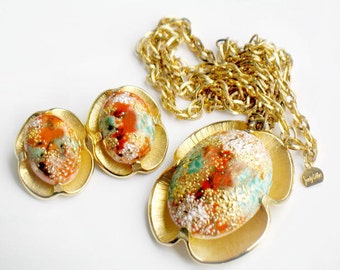 Judy Lee Necklace Earring Set Vintage Art Glass 1960s Orange Gold Turquoise Blue Jewelry For Her Original Hang Tag SALE Reduced Was 59.99