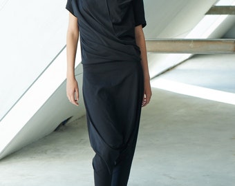 Black Cotton Blouse/ Oversized Short Sleeved Blouse/ Asymmetrical Black Top by Arya Sense/ TPRK12BL
