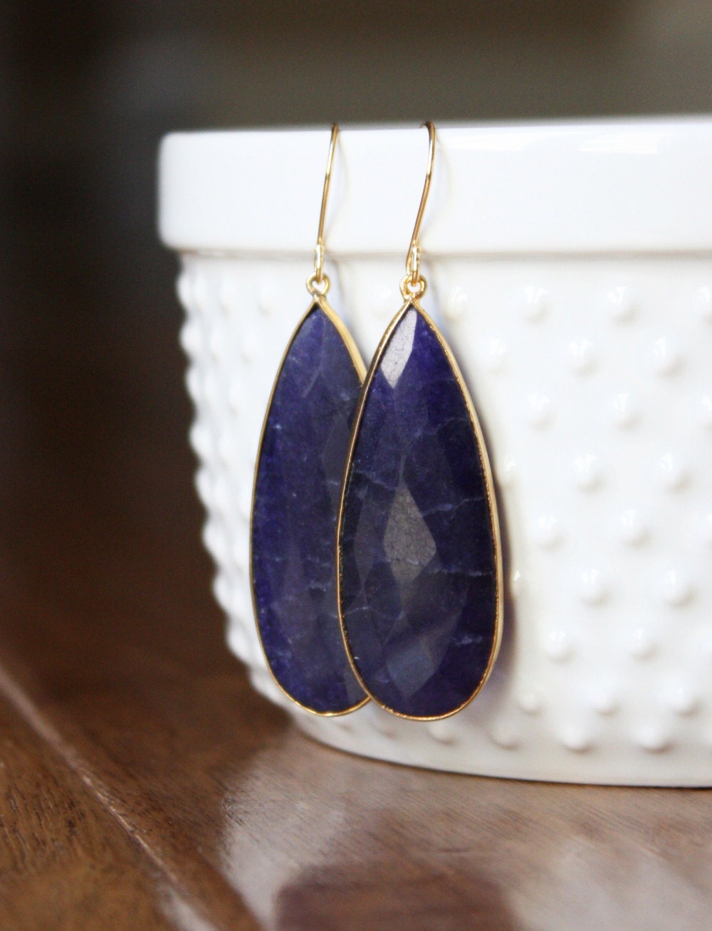 Long navy blue sapphire teardrop earrings with gold plating