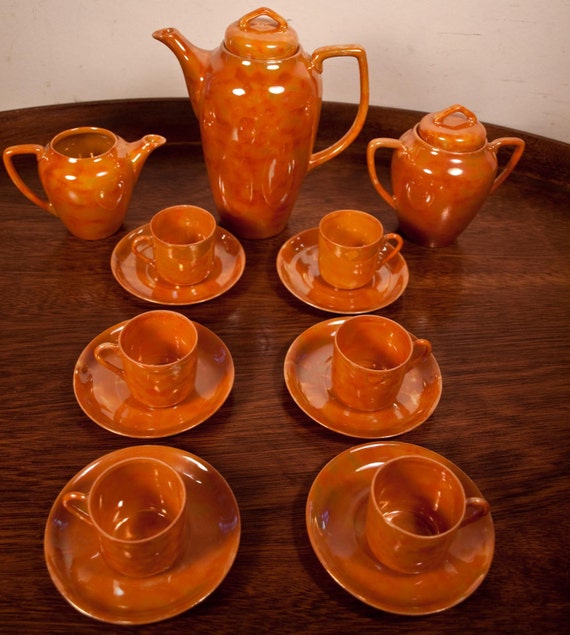 Vintage Orange Mid Century Tiny Tea Set