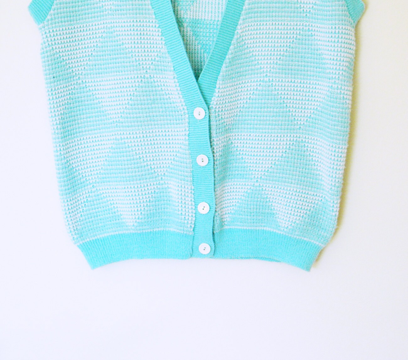Pastel Sweater / Aqua Blue Diamond Vintage Vest / Sparkly 80s