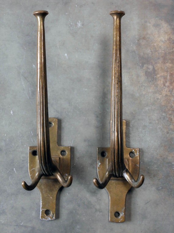 Antique Oversized Brass Coat & Hat Rack Hooks / Unique Deco