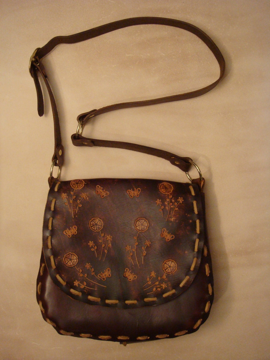 Tooled Brown Leather Crossbody Bag Shoulder Bag by HawkinsLeather