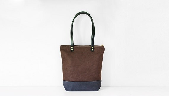 Items similar to Small Zipper Tote - Waxed Canvas Bag / Leather Straps / Zipper Closure / Brown ...