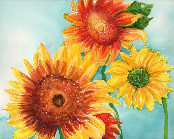 Sunflowers watercolors paintings original aqua by SharonFosterArt