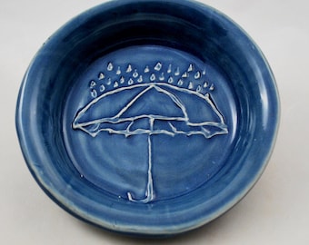 Blue Bowl with Unbrella and Rain Stoneware Clay Pottery