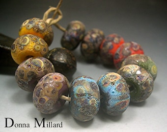 HANDMADE LAMPWORK GLASS Bead Set Donna Millard rustic relic assemblage orange green black yellow autumn fall