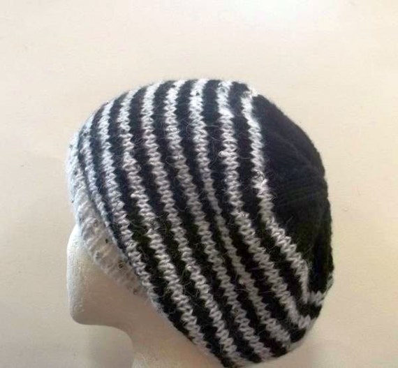 Beanie Black White Stripe Knitted Hat 4782