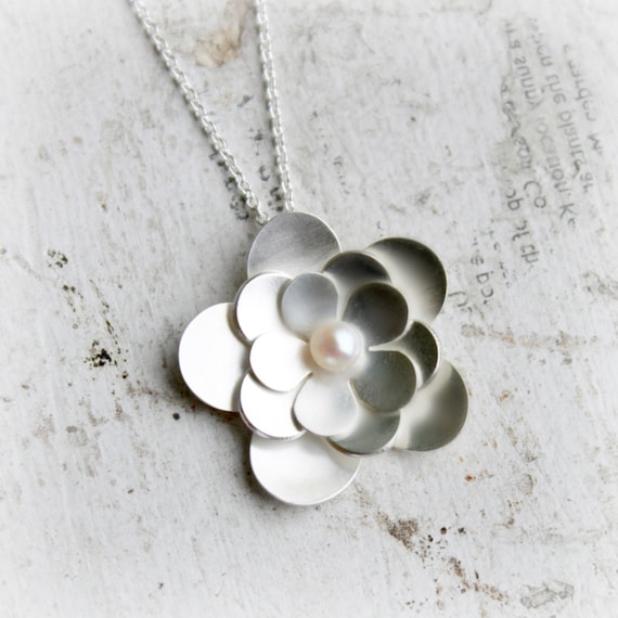 Items similar to Sterling Silver and Pearl Necklace Flower Necklace