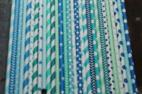 Beach Party Staws -- set of 25 -- Caribbean, aqua, blue, teal, turquoise -- tropical Ocean Water Paper Drinking Straws Il_570xn