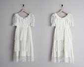 cream lace dress / 1970s dress / lace wedding dress