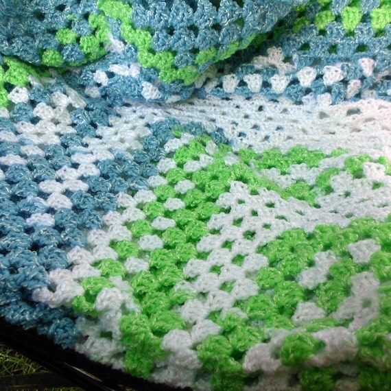 Crochet Granny Square Baby Afghan Blue Green and by mamacateyes