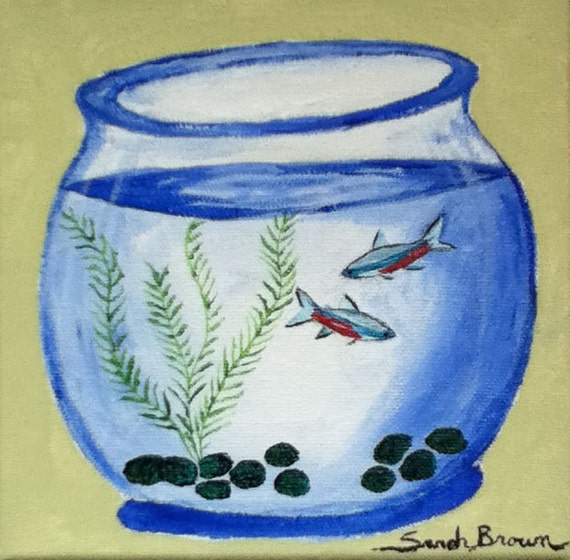 Neon Tetras in a Glass Bowl small painting fish art fishbowl