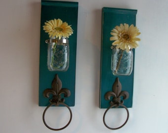 Two Wood Sconces for Kitchen or Bathroom Wall.Fleur de Lis Towel RingsTeal Blue Green