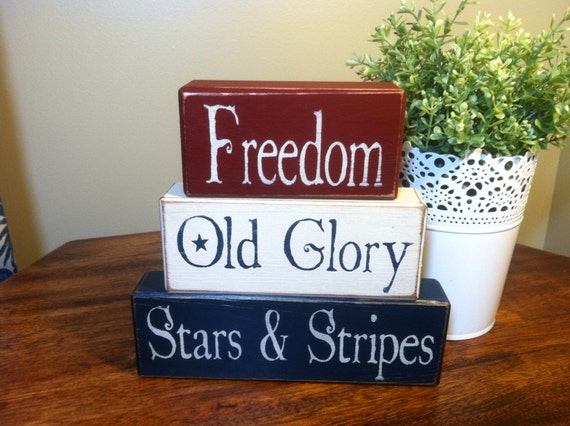 Distressed wood blocks home decor Americana patriotic 4th of July red white and blue primitive blocks