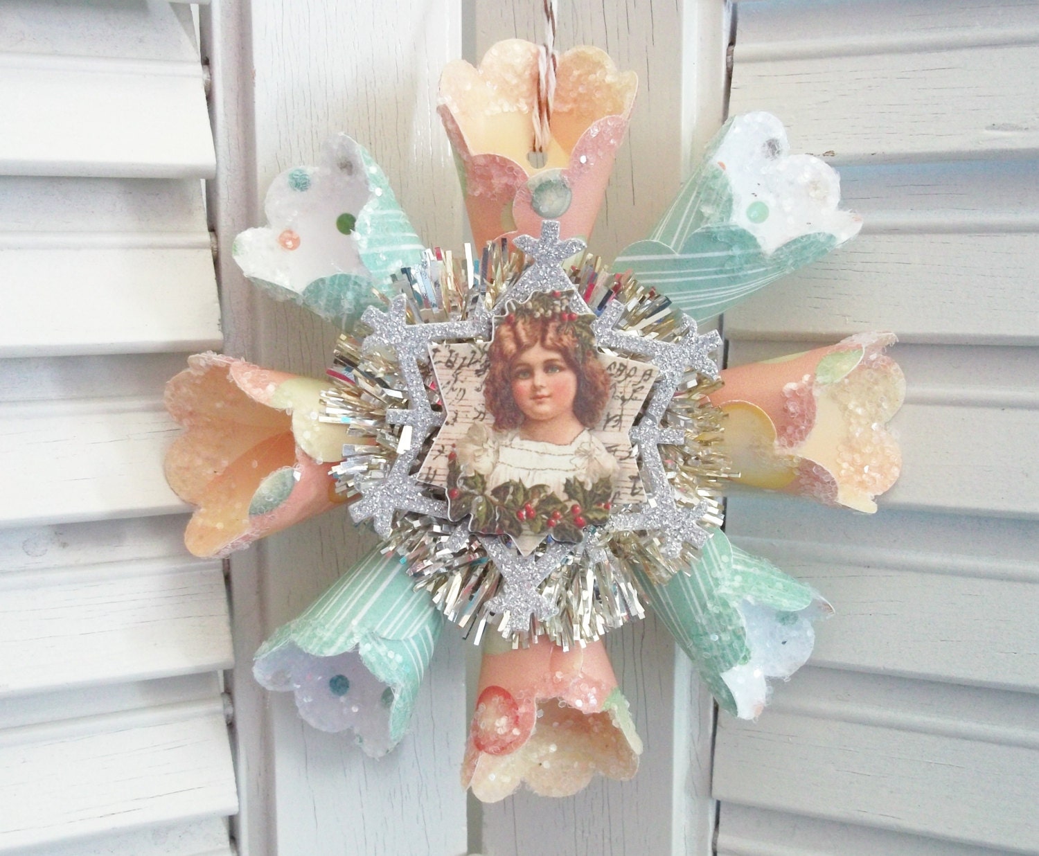 Vintage Style Victorian Child Star Snowflake Wreath Christmas Ornament Peach Aqua German Glass Glitter