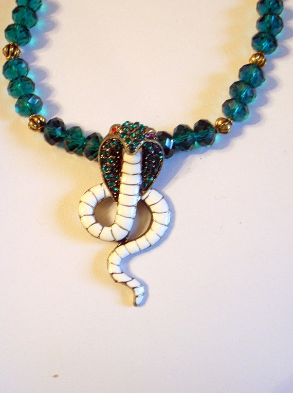 Cobra Snake Necklace White Enamel Green Crystal by JanEleven