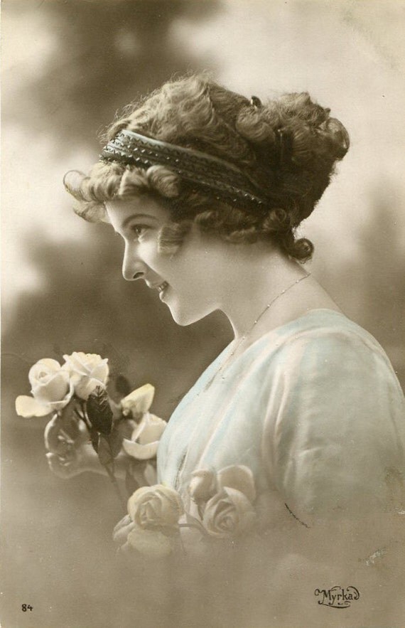 Original French vintage hand tinted real photo postcard Lady