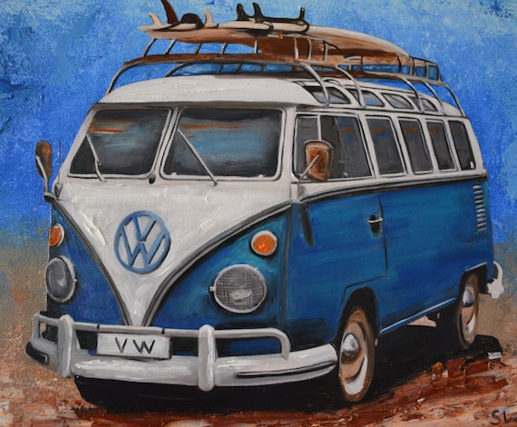 1960s Blue Volkswagen Bus with Surfboards Original Painting