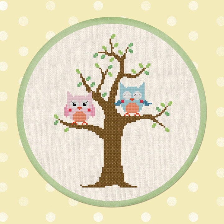 Cute Owls on Tree. Owl Modern Simple Cute Cross Stitch Pattern