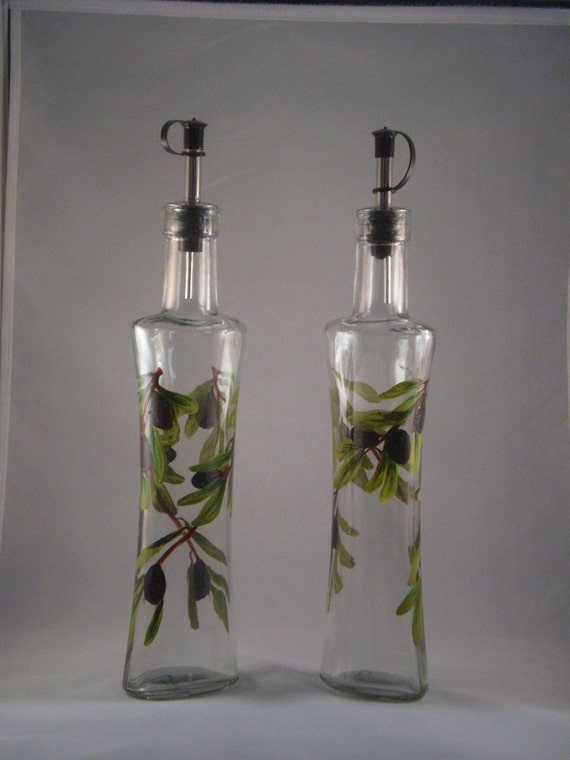 Hand painted olive branch oil and vinegar bottles