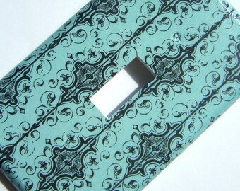 Light Switch Cover Switchplate -- Aqua and Black Fancy Pattern