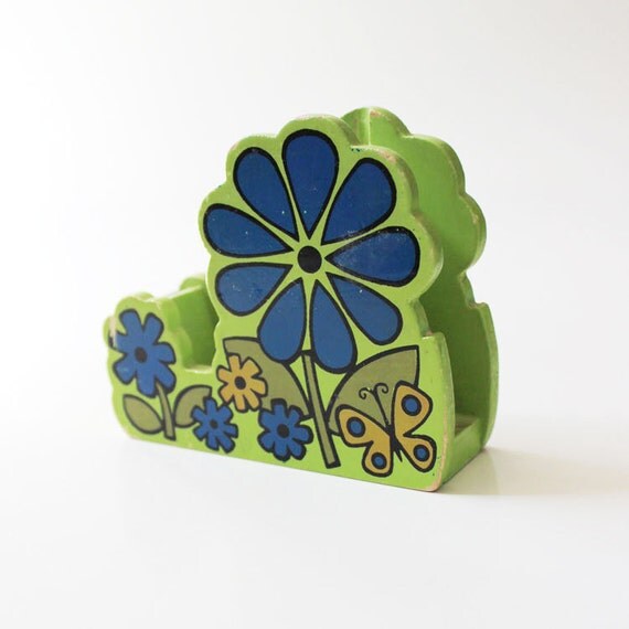 Flower power. Vintage 1970s wood floral tape dispenser.