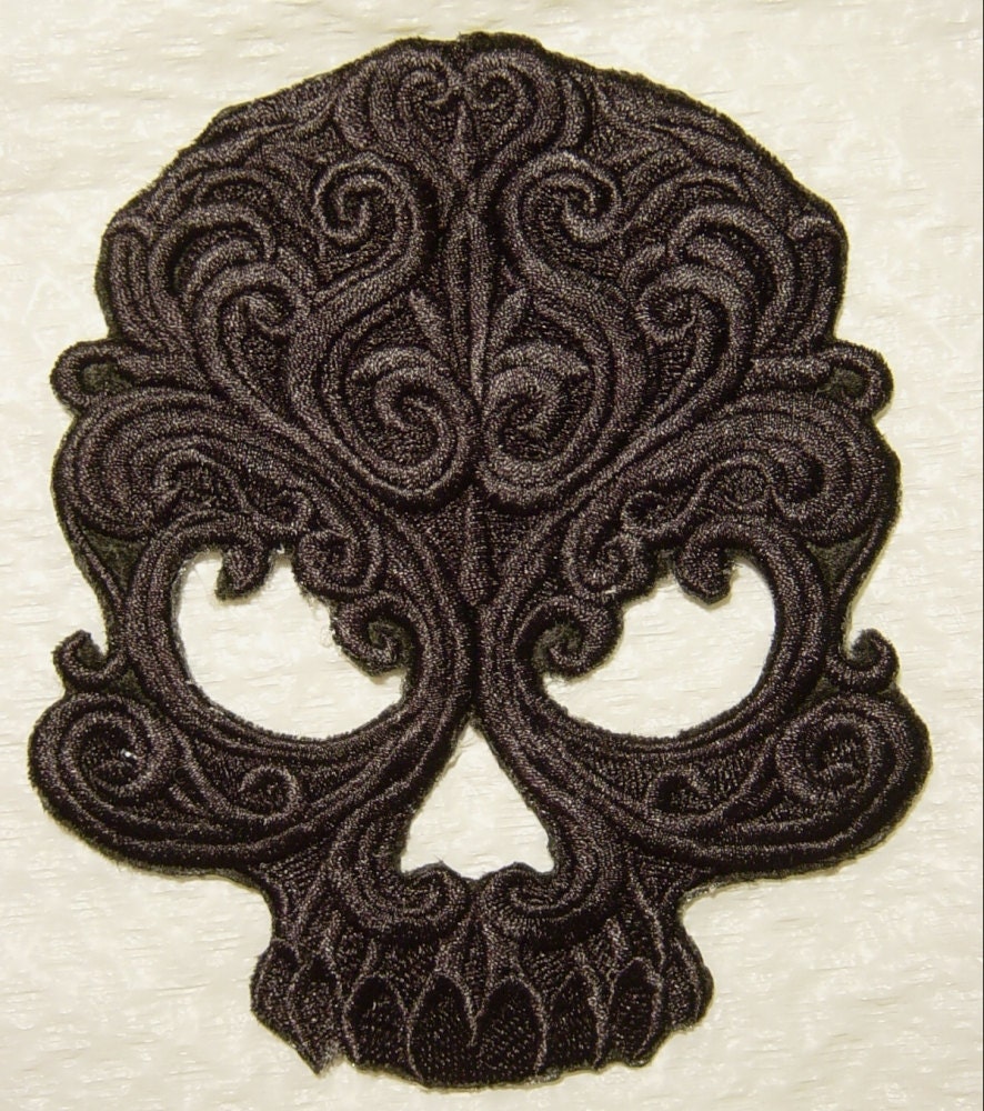 Black Baroque Gothic Skull Iron on Patch Applique Small