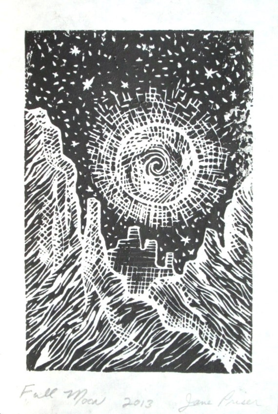 Linocut Print Full Moon