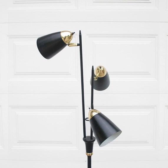 black & brass VINTAGE mid century 3 light pole lamp