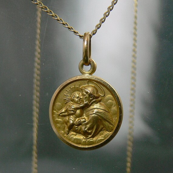 Vintage 18K Gold St Anthony Pendant Necklace Religious Medal