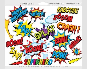 Superhero clipart - comic book clip art, super heroes, cityscape, sounds, sayings, super hero, pow, wham zap for personal and commercial use