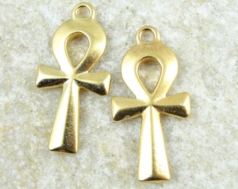 2 Ankh Pendants 31mm Gold Pendants - Bright Gold Eygptian Ankh Pendants TierraCast Pewter Egypt Ankh Charm (P872)