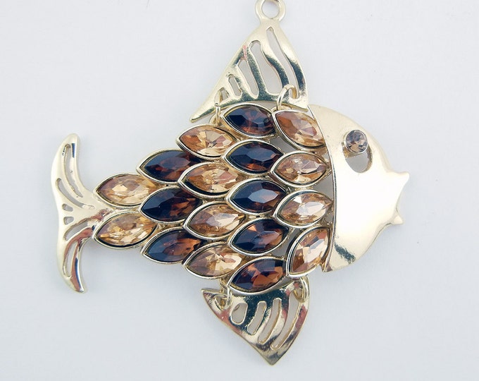 Gold-tone Fish Pendant Dark and Light Topaz Acrylic Rhinestones