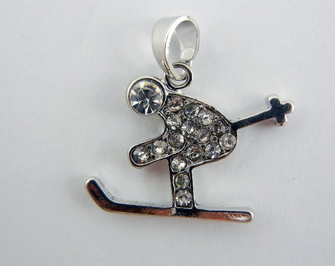 Silver-tone Rhinestone Downhill Skier Pendant