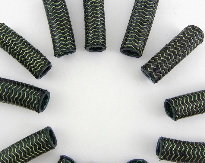 12 Woven Over Acrylic Tube Beads Chevron Design Black and Sage Green