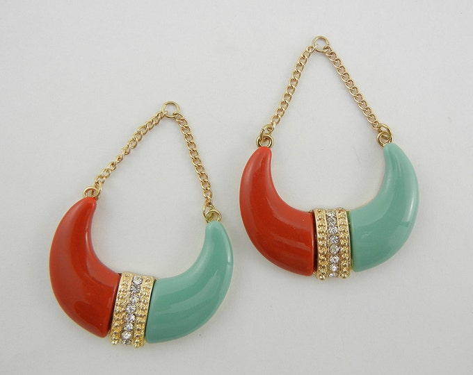 Pair of Tribal Crescent Horn Shaped Drop Charms Red and Turquoise Acrylic with Chains Rhinestones