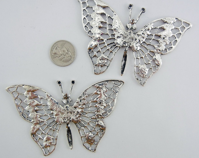 Large Silver-tone Butterfly Pendants Pink Epoxy Rhinestone Eyes