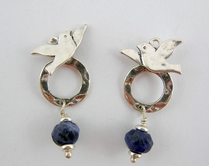 Pair of Hammered Silver-tone Dove Charms with Faceted Blue Glass Bead Drop