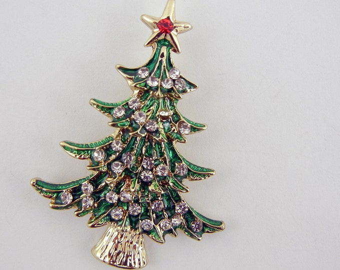 Gold-tone Christmas Tree Pendant with Green Epoxy Rhinestones