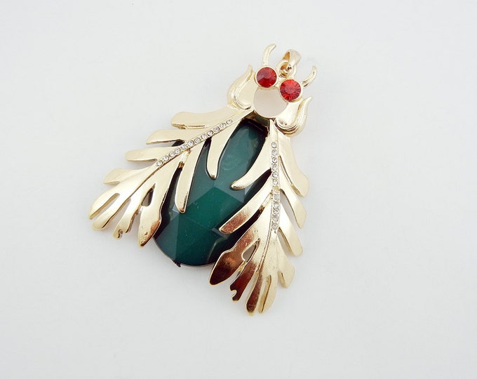 Large Gold-tone Beetle Pendant with Green Acrylic Faceted Body