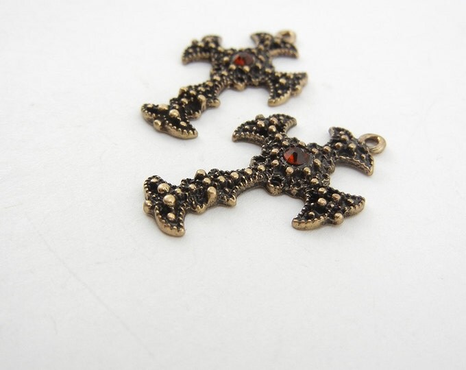 Pair of Small Antique Gold-tone Textured Cross Charms with Topaz Rhinestone