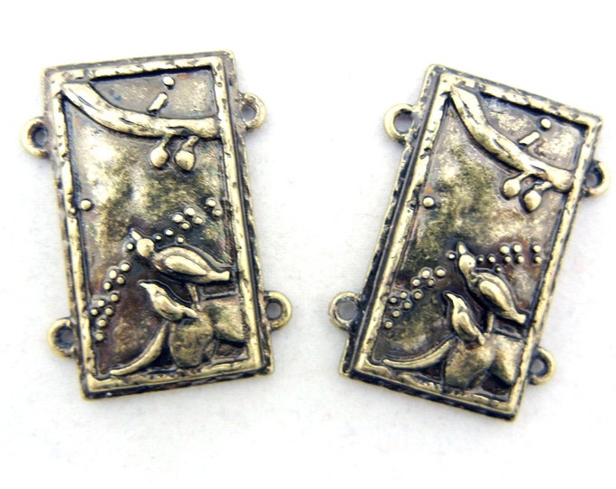 Pair of Double Link Burnished Gold-tone Rectanglular Bird Charms