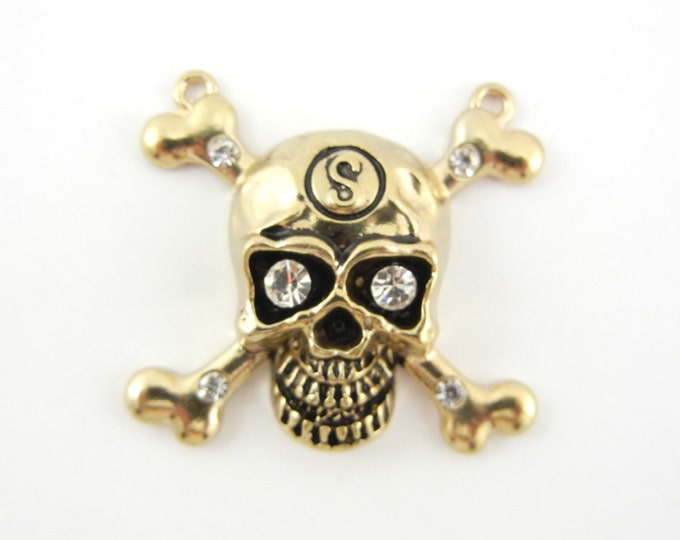 Double Link Skull and Cross Bones Charm Pendant Antique Gold-tone