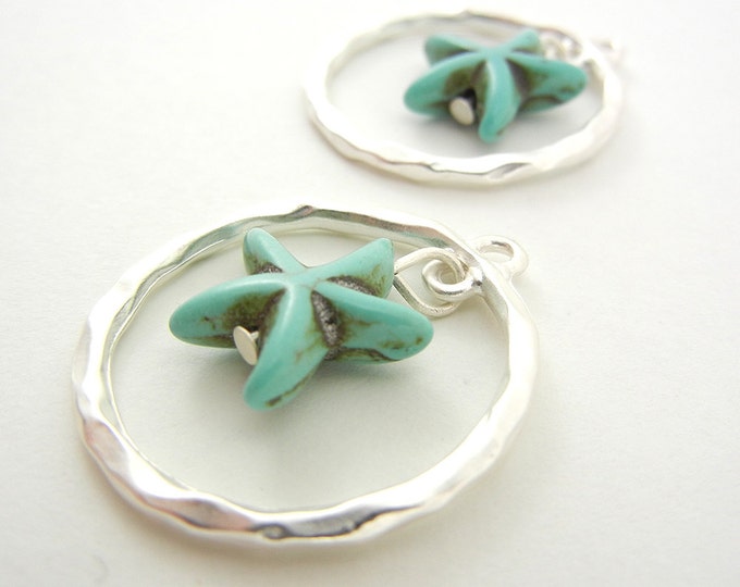 Pair of Turquoise Starfish in Matte Silver-tone Hoop Charms