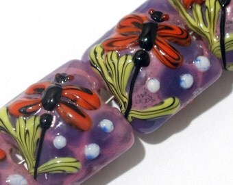Glass Lampwork Bead Set - Four Red Dragonfly/Violet Garden Pillow Beads 10603114