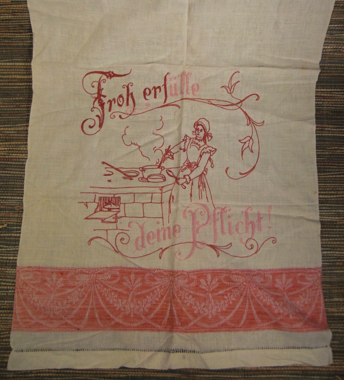 Motto Towel LINEN GERMAN Embroidered Turkey Red amd Pink 22 x