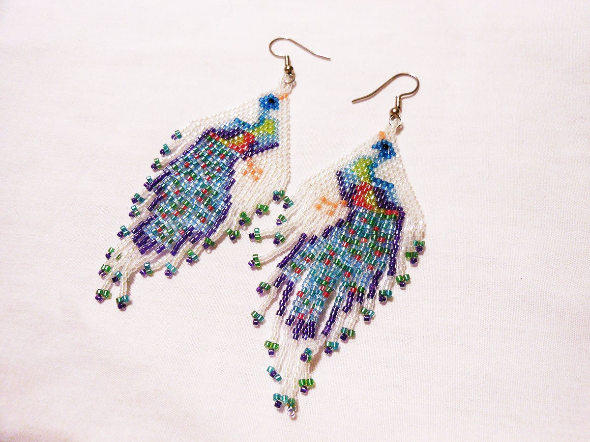 Fringed Dangle Brick Stitch Beaded Peacock Earrings