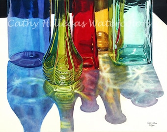 Glass Bottles in Sun watercolor painting print 16x20 Blue Green Red Yellow Teal Cathy Hillegas, watercolor print, glass art, rainbow colors